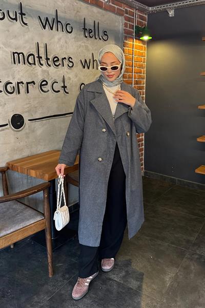 Oversize Astarlı Kaşe Kaban 4-6828 - GRI