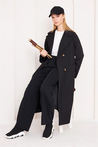 OVERSİZE ASTARLI TRENÇKOT 4-6404 - SİYAH