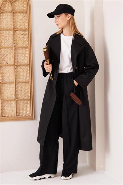 OVERSİZE ASTARLI TRENÇKOT 4-6404 - SİYAH