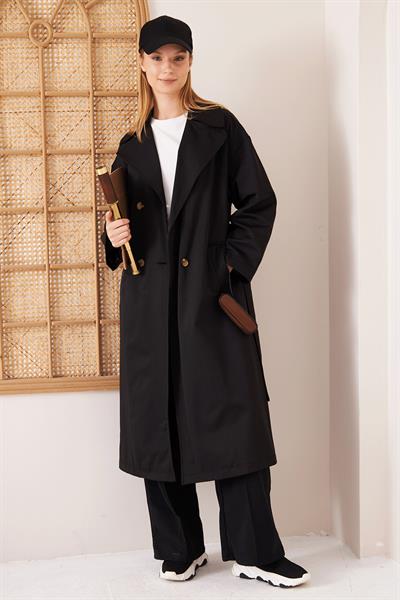 OVERSİZE ASTARLI TRENÇKOT 4-6404 - SİYAH