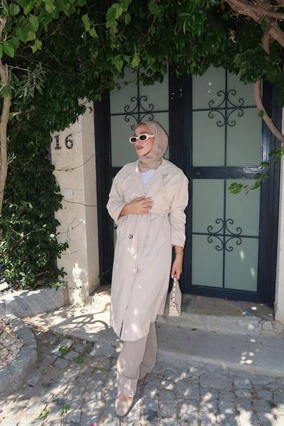 OVERSİZE ASTARLI TRENÇKOT 4-6404 - TAŞ