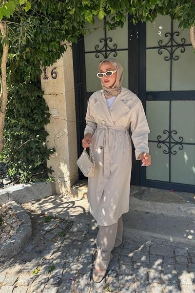 OVERSİZE ASTARLI TRENÇKOT 4-6404 - TAŞ