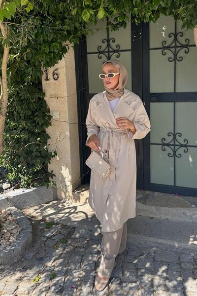 OVERSİZE ASTARLI TRENÇKOT 4-6404 - TAŞ