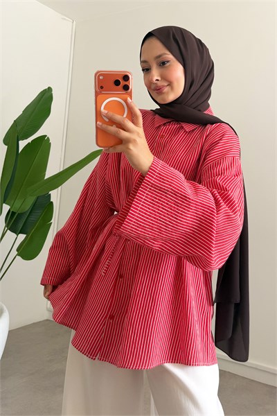 Oversize Biyeli Gömlek - Kırmızı