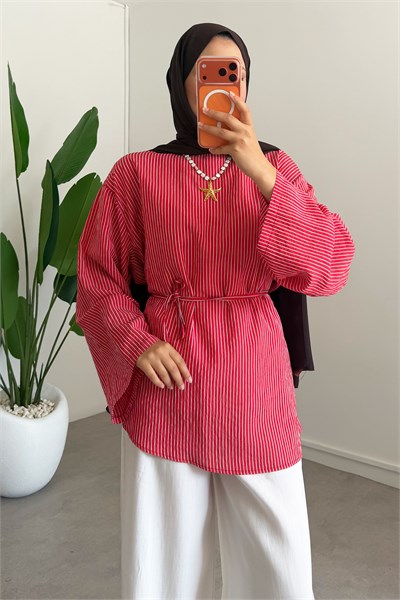 Oversize Biyeli Tunik - Kırmızı