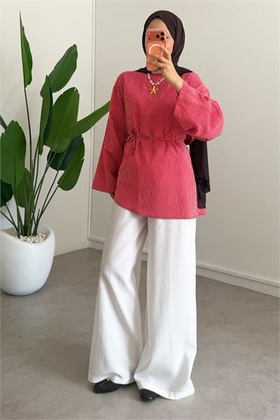 Oversize Biyeli Tunik - Kırmızı