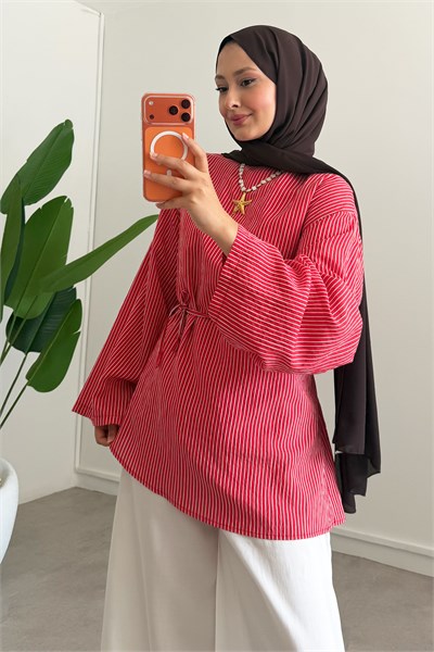 Oversize Biyeli Tunik - Kırmızı