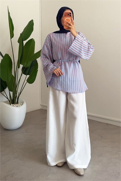 Oversize Biyeli Tunik - Mavi