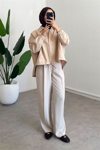 Oversize Büzgülü Gömlek - Bej