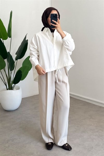 Oversize Büzgülü Gömlek - Beyaz