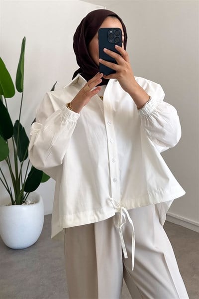 Oversize Büzgülü Gömlek - Beyaz
