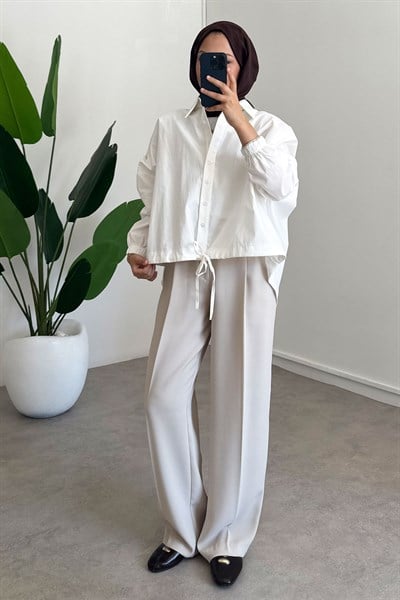 Oversize Büzgülü Gömlek - Beyaz