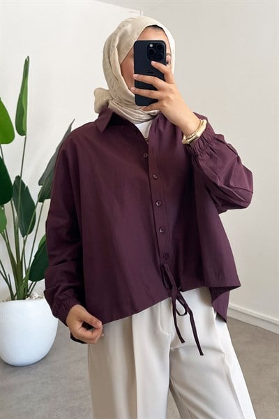 Oversize Büzgülü Gömlek - Bordo