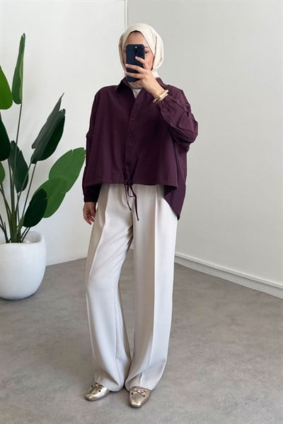 Oversize Büzgülü Gömlek - Bordo