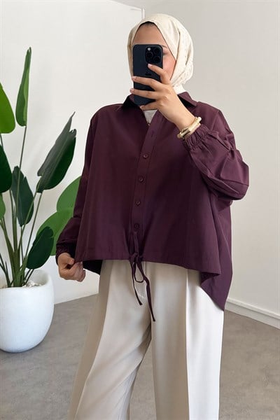 Oversize Büzgülü Gömlek - Bordo