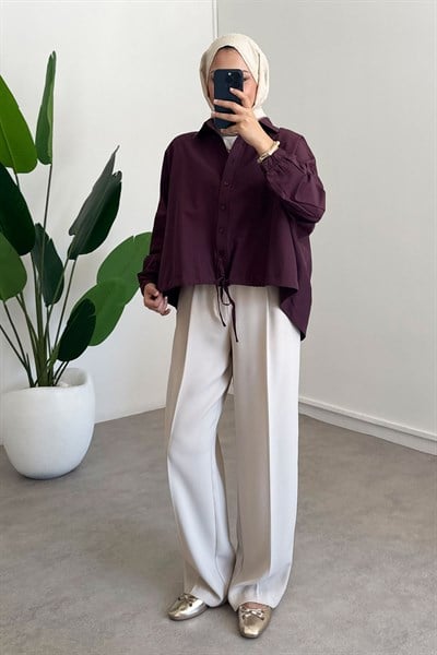Oversize Büzgülü Gömlek - Bordo