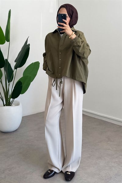 Oversize Büzgülü Gömlek - Haki Yeşil