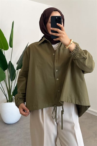 Oversize Büzgülü Gömlek - Haki Yeşil
