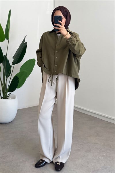 Oversize Büzgülü Gömlek - Haki Yeşil