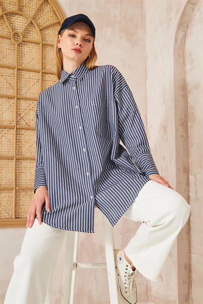 Oversıze Çizgili Gömlek 4-6676 - LACİVERT