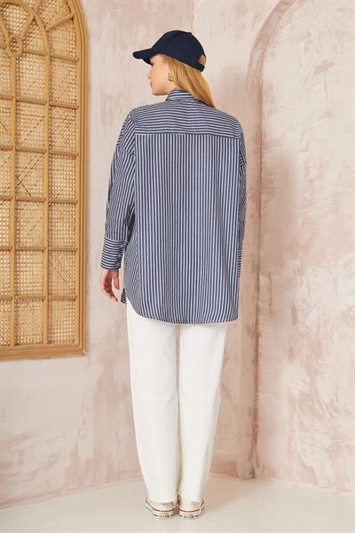 Oversıze Çizgili Gömlek 4-6676 - LACİVERT