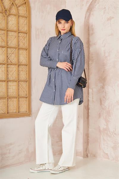 Oversıze Çizgili Gömlek 4-6676 - LACİVERT