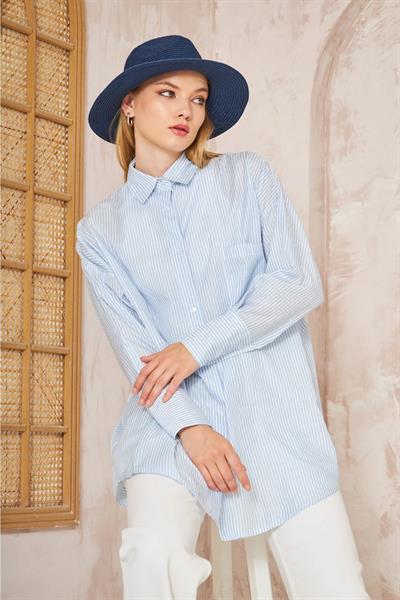 Oversıze Çizgili Gömlek 4-6676 - MAVİ