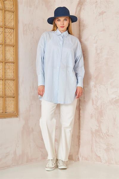 Oversıze Çizgili Gömlek 4-6676 - MAVİ