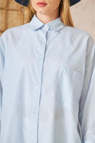 Oversıze Çizgili Gömlek 4-6676 - MAVİ