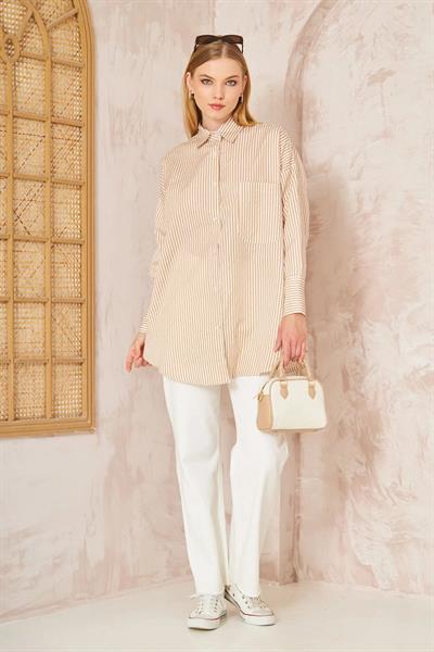Oversıze Çizgili Gömlek 4-6676 - VİZON