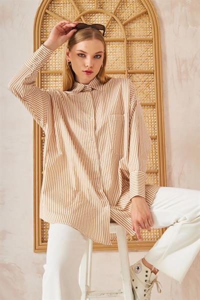 Oversıze Çizgili Gömlek 4-6676 - VİZON