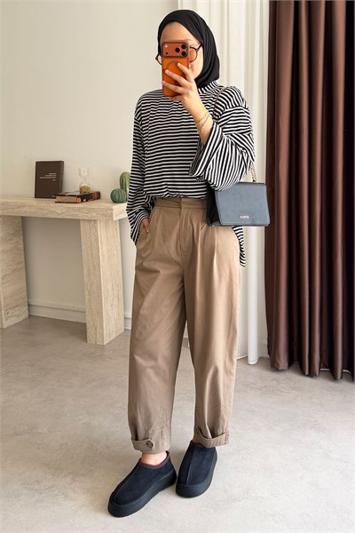 Oversize Çizgili Tunik - Siyah