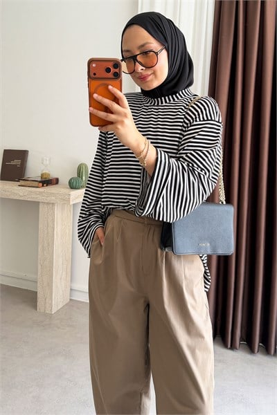 Oversize Çizgili Tunik - Siyah