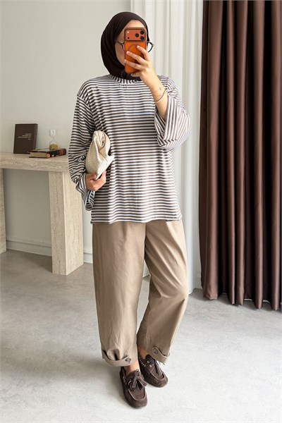 Oversize Çizgili Tunik - Vizon