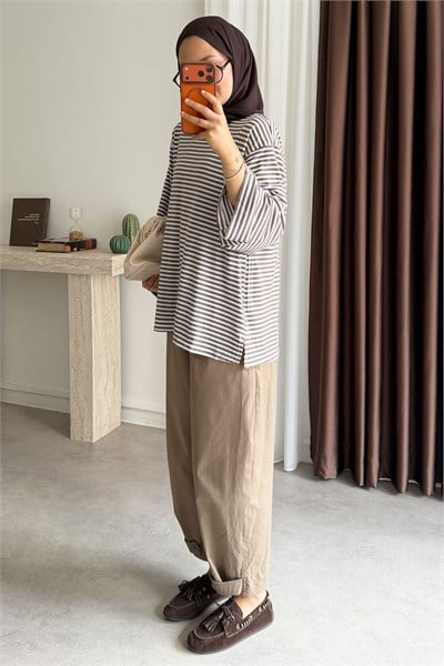 Oversize Çizgili Tunik - Vizon