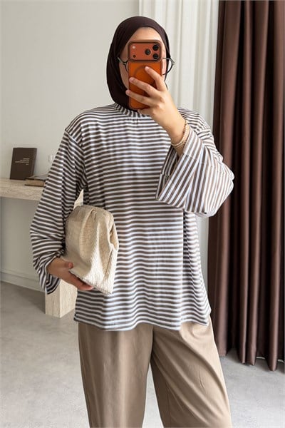 Oversize Çizgili Tunik - Vizon