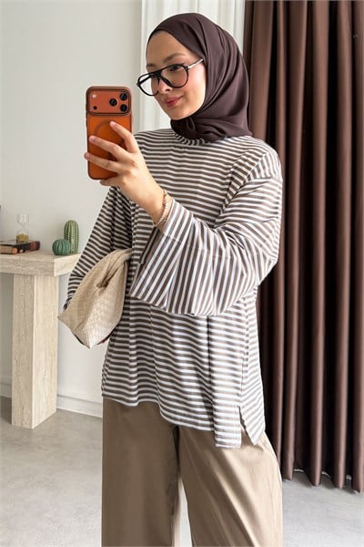 Oversize Çizgili Tunik - Vizon