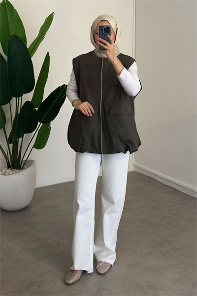Oversize Gabardin Yelek - Haki Yeşil