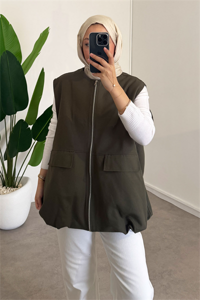 Oversize Gabardin Yelek - Haki Yeşil