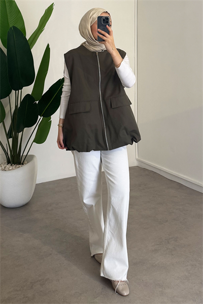 Oversize Gabardin Yelek - Haki Yeşil