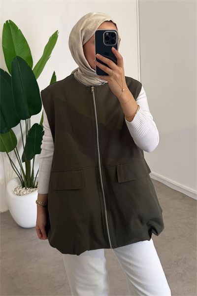 Oversize Gabardin Yelek - Haki Yeşil