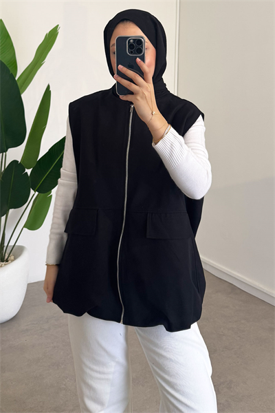 Oversize Gabardin Yelek - Siyah