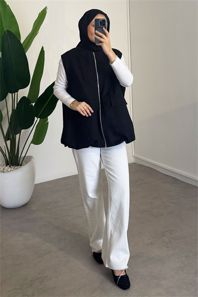 Oversize Gabardin Yelek - Siyah