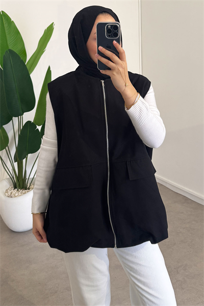 Oversize Gabardin Yelek - Siyah