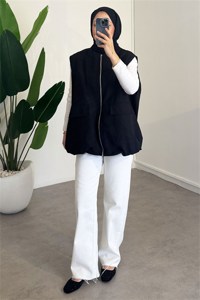 Oversize Gabardin Yelek - Siyah