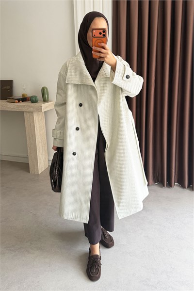 Oversize Kareli Trençkot - Beyaz