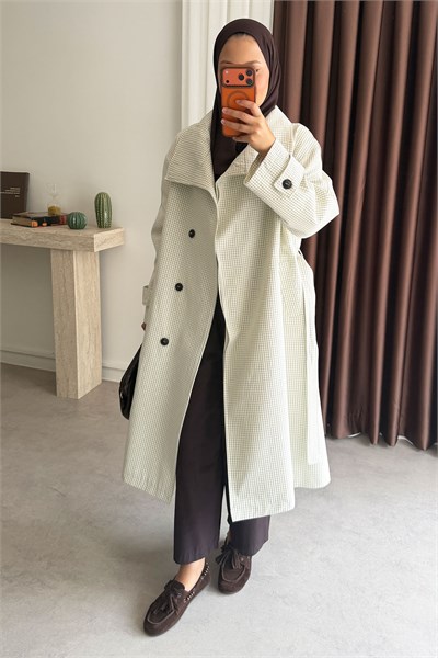 Oversize Kareli Trençkot - Beyaz
