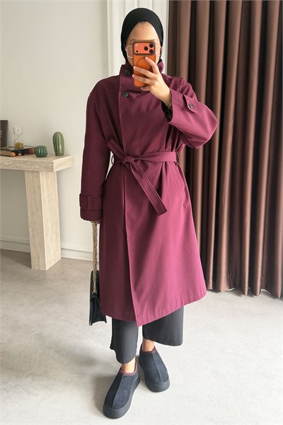 Oversize Kareli Trençkot - Bordo