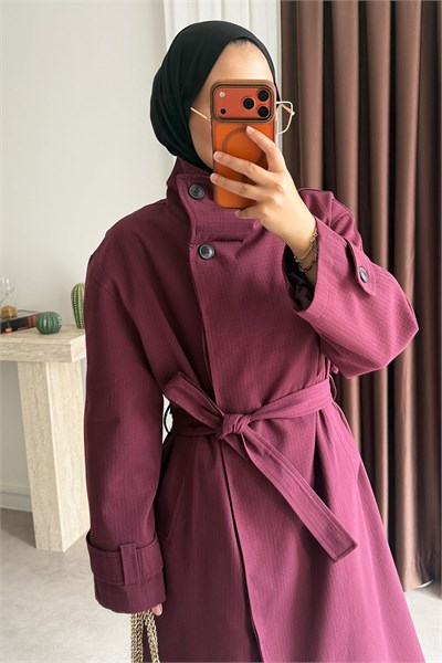 Oversize Kareli Trençkot - Bordo