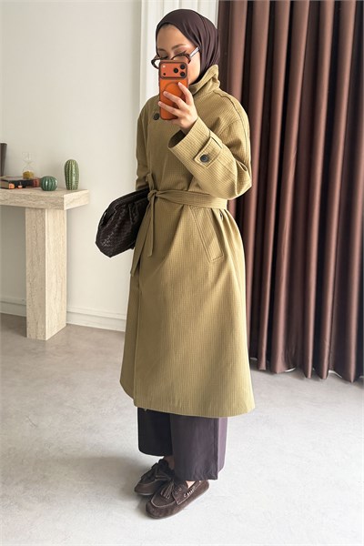 Oversize Kareli Trençkot - Haki